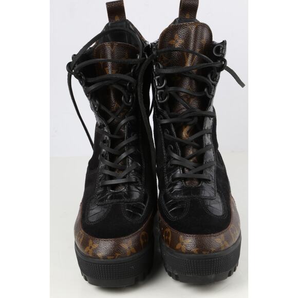 LOUIS VUITTON Boots Suede Monogram Laureate Platform Lace Desert Combat Size 37 - Picture 13 of 16